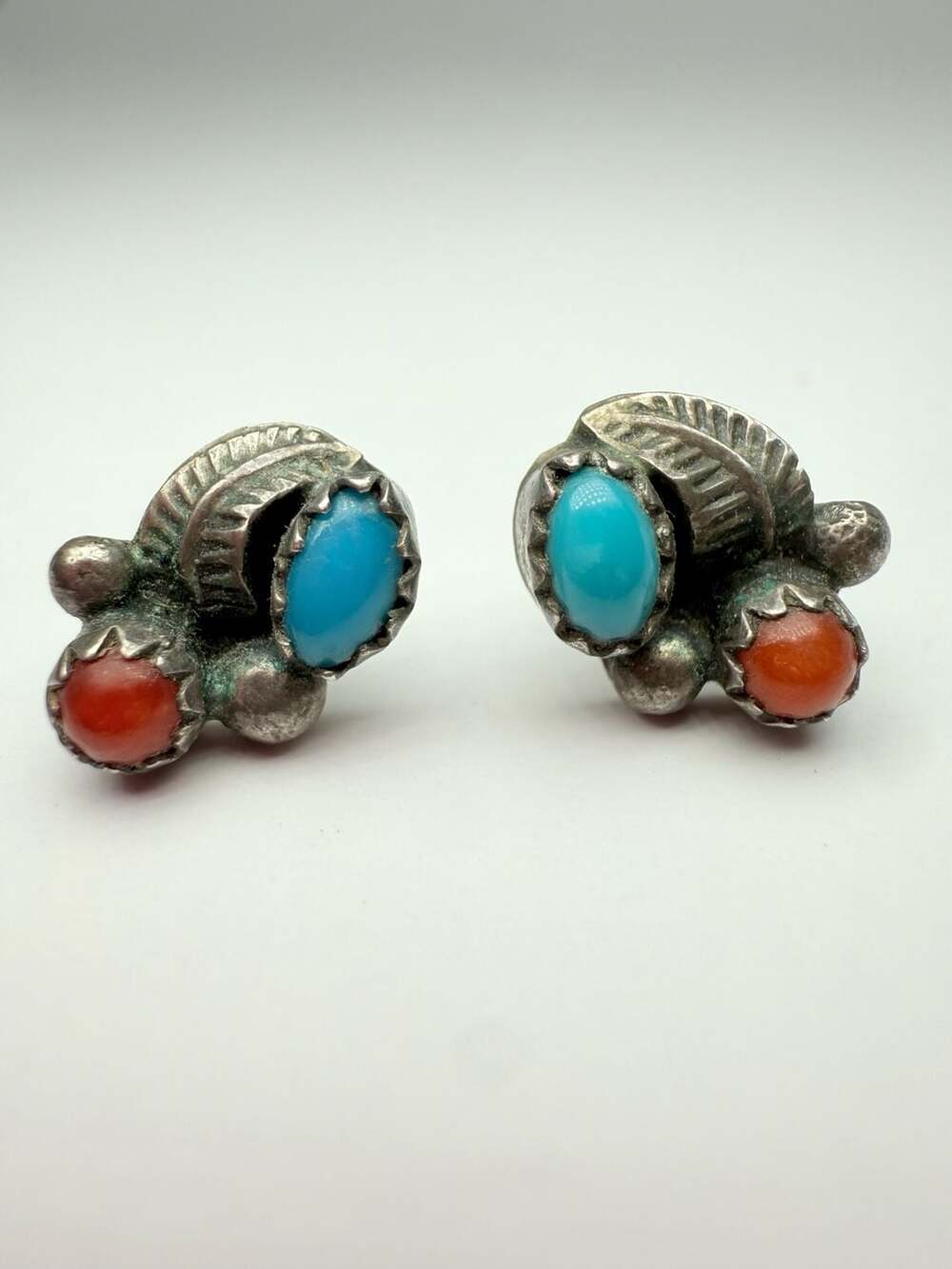 Navajo Sterling Silver Turquoise Coral Leaf Stud Earrings